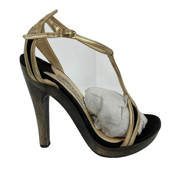 Jimmy Choo‎ Sandals Womens Sz 7.5 Black Gold Leather Strap Stiletto Heel Italy - Picture 1 of 10